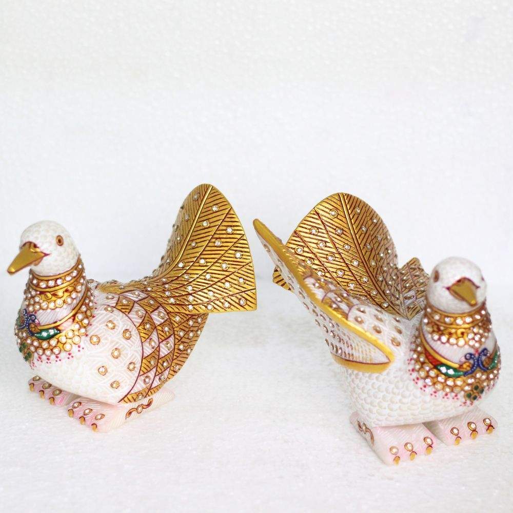 Marble Golden Bird Pair – Handcrafted Small Decorative Figurines